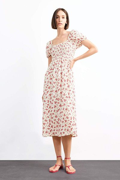 DeFacto A-Line Floral Wrap Short Sleeve Midi Dress G0276Ax25Sm
