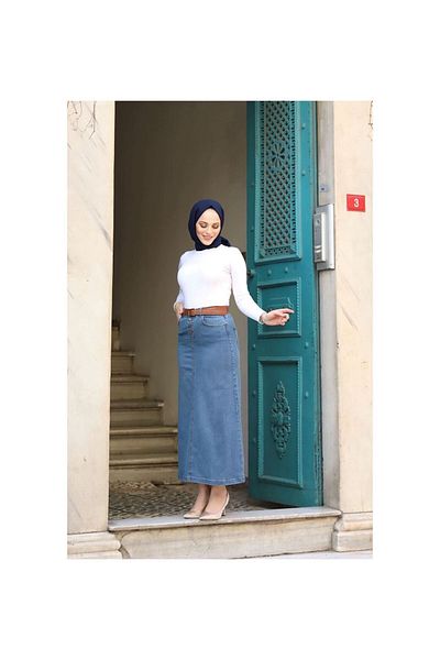 VELLICHOR Natural Fabric Belted Denim Skirt Blue