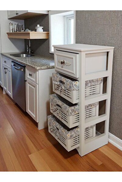 Özkar Ahşap 4 Çekmeceli Hasır Görünümlü Sebzelik Beyaz