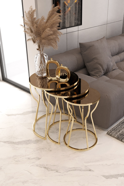 ysnn aksesuar ZETA 3'LÜ GOLD RENK BRONZ AYNA ZİGON SEHPA