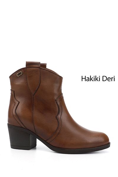 GÖNDERİ(R) Women / Girls Tan Antique Thick Heeled Genuine Leather Cowboy Boots