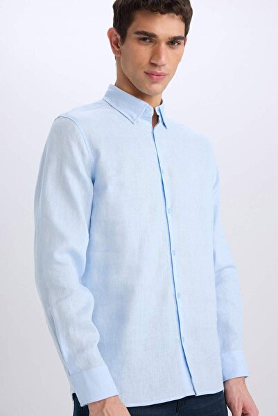 DeFacto %100 Keten Regular Fit Polo Yaka Yazlık Basic Düz Uzun Kollu Gömlek C1825ax25sm