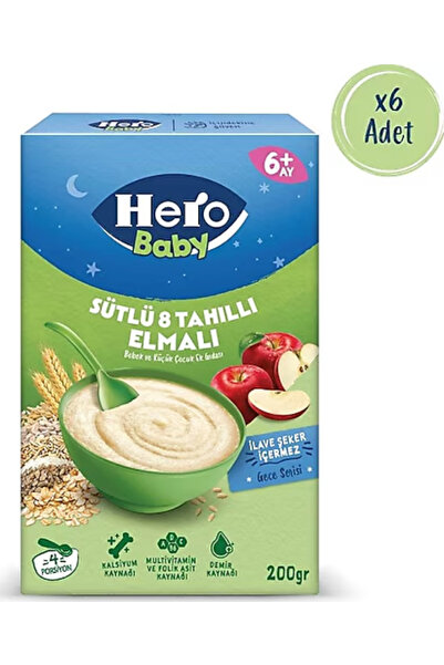 Hero Baby Gece Sütlü Elmalı 8 Tahıllı 200 gr 6'lı Kaşık Maması