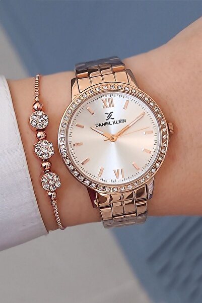 Daniel Klein Rose Gold Çelik Bilezik Taşlı Kadın Kol Saati + Zirkon Taşlı Bileklik