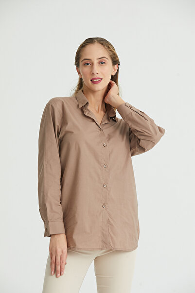 DEFES Kadın Kahverengi Uzun Kol Gömlek Yaka Pamuklu Basic Oversize Gömlek