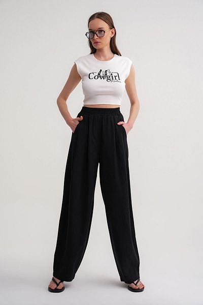 Mixray 4682 Women's Elastic Waist Jogger Linen Trousers Black