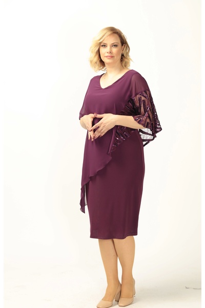 Moda Berray 4051 Mürdüm Pelerinli Payetli Esnek Kumaş Büyük Beden Elbise