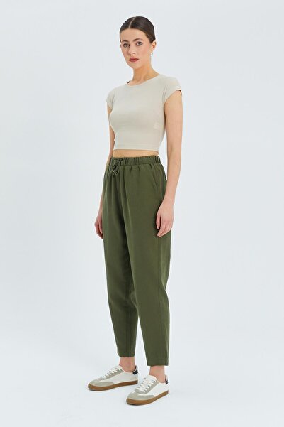 Mixray 4566 Model Women's Khaki Linen Trousers - Elastic Waist Design