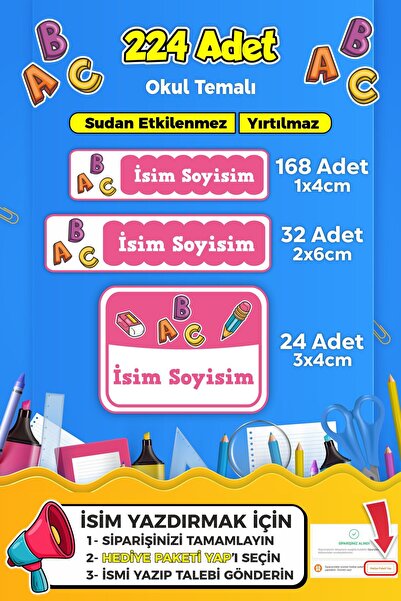 SB store Okul Kreş Etiketi Kalem Defter Özel Isim Yazılabilen Etiket Seti Mod...