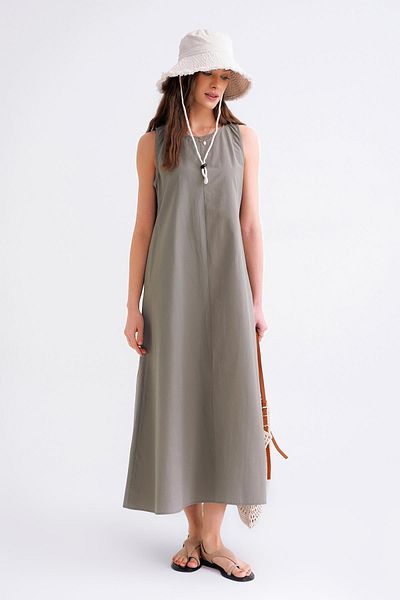 Mixray 4690 Rochie de parașuta midi cu mânecă zero pentru femei, kaki