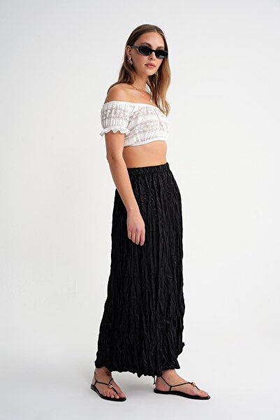 Mixray Women's Black Skirt - 4623 Modeler Kraşlı Plain Satin