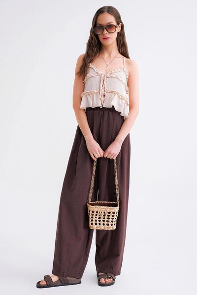 Mixray 4682 Women's Elastic Waist Jogger Loose Linen Trousers Brown