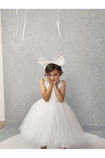 MadyaButik Girl's Island Model Evening Dress White Collar Pearl Dress