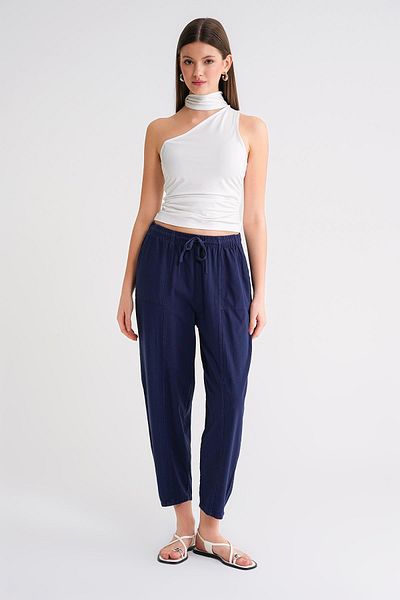 Mixray 4436 Women's Linen Striped Shalwar Trousers Navy Blue