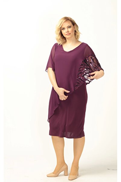 Moda Berray 4051 Mürdüm Pelerinli Payetli Esnek Kumaş Büyük Beden Elbise