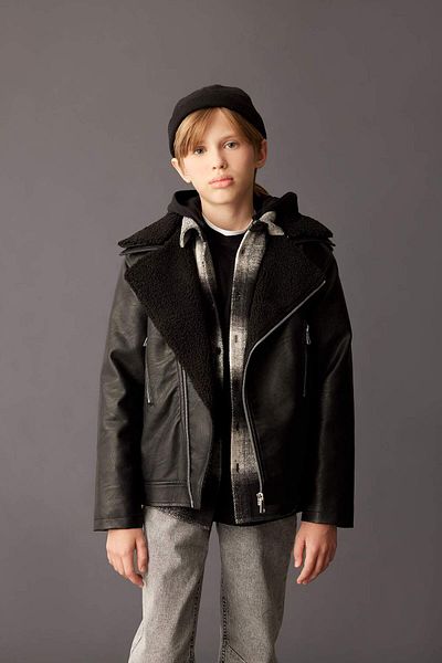 DeFacto Boy's Water Repellent Zippered Collar Plush Lining Coat C4324A825Au