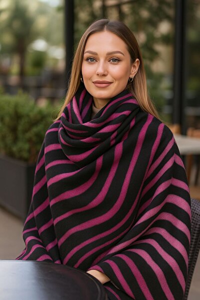 Axesoire 15100 Yünlü Zebra Desenli Fuşya Yumuşak Dokulu Kalın Şal Atkı