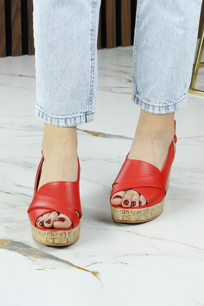 Erkan Saçmacı Serie Red Genuine Calfskin Hole Detailed Cork Sole Look Wedge Heeled Sandals
