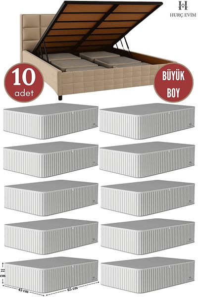 Evida 10 Pieces - Anthracite Striped Large Size Storage Bag Set - under Base and Sofa Bed Type Organizer - 65X45X22 cm