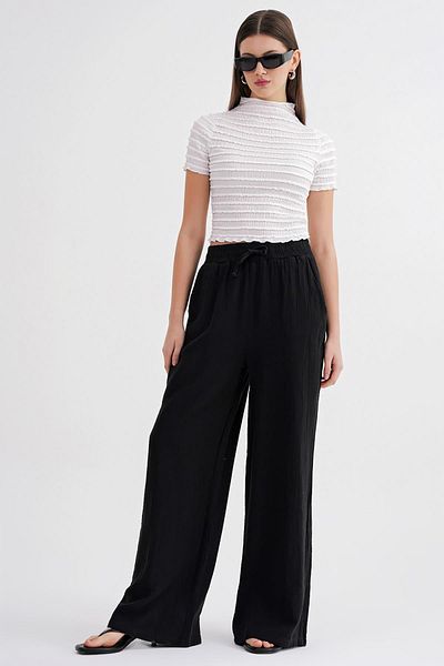 Mixray 4286 Women's Elastic Waist Muslin Palazzo Trousers Black