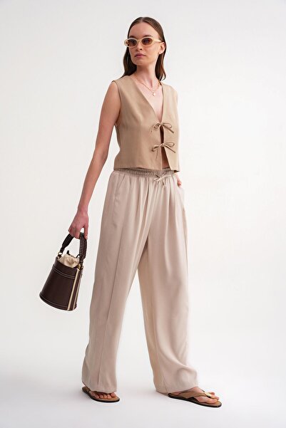 Mixray 4668 Women's Pleated Palazzo Wide Leg Pants Moon Stone