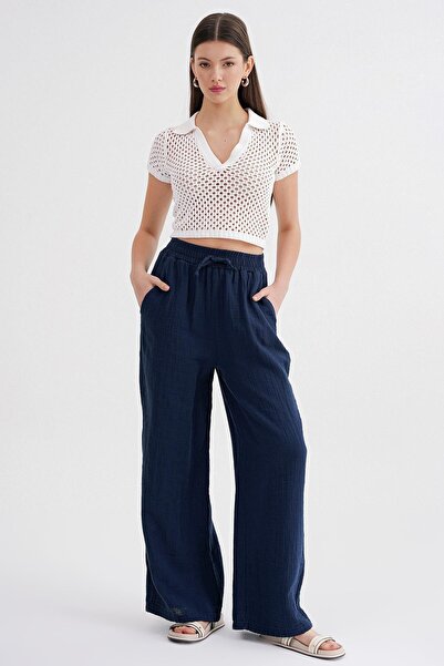 Mixray 4286 Pantaloni Palazzo de damă din muselină cu talie elastică, cu picioare largi, albastru închis