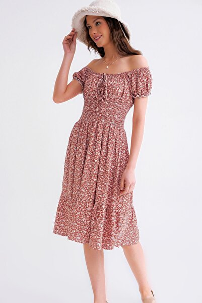 Mixray 3859 Γυναικείο φόρεμα με λουλουδάτο σχέδιο μίντι μήκους ροζ