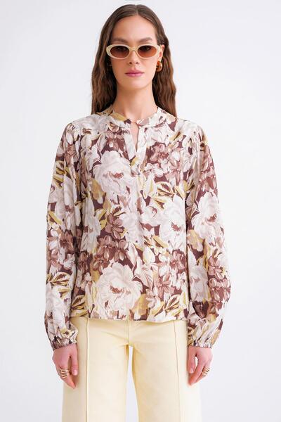 Mixray 4649 Γυναικείος γιακάς Judge με λουλουδάτο μοτίβο μπλούζα με κορδόνια