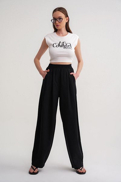 Mixray 4682 Women's Elastic Waist Jogger Linen Trousers Black