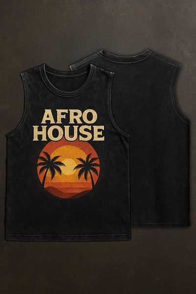technomonkey Black Men's Cotton Vintage Athlete Tank Top Oversize Washed Afro House Printed Sleeveless T-Shirt