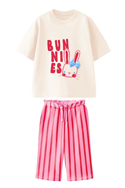 Monila Girl's Muslin Jogger Pants Printed Ribbon Detailed Underwear Set