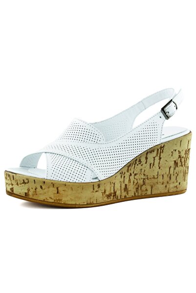 Erkan Saçmacı Serie White Genuine Calfskin Hole Detailed Cork Sole Look Wedge Heeled Slingback Sandals