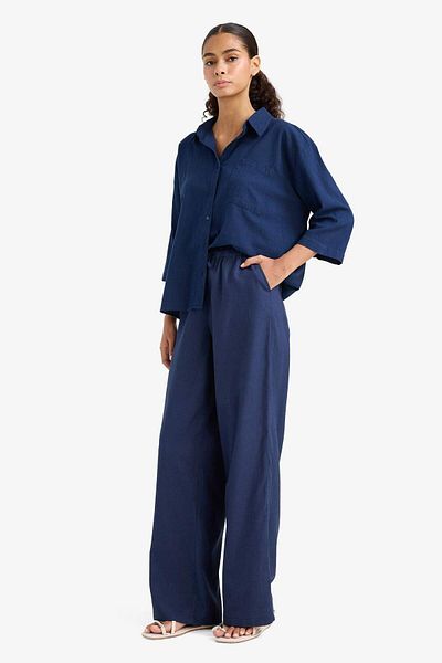 DeFacto Wide Leg Double Pocket Elastic Waist Standard Length Linen Blend Trousers E1981Ax25Sm