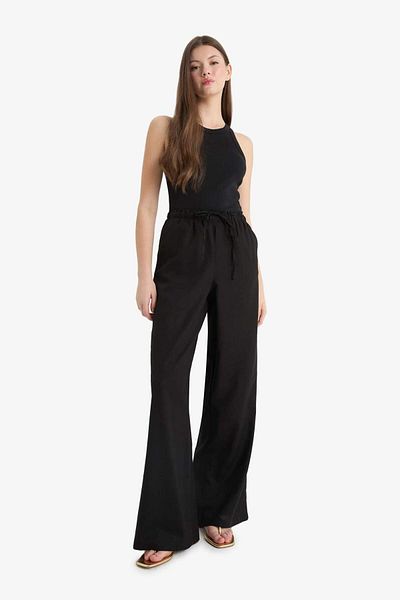 DeFacto Wide Leg Double Pocket Elastic Waist Standard Length Linen Blend Trousers E1981Ax25Sm