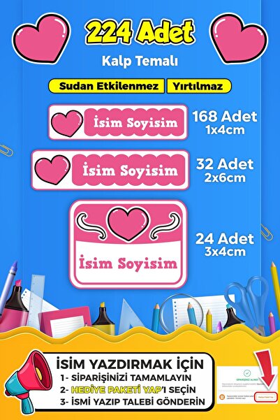 SB store Kalp Temalı Okul Kreş Kişiye Özel Isim Etiket Seti - Model 68