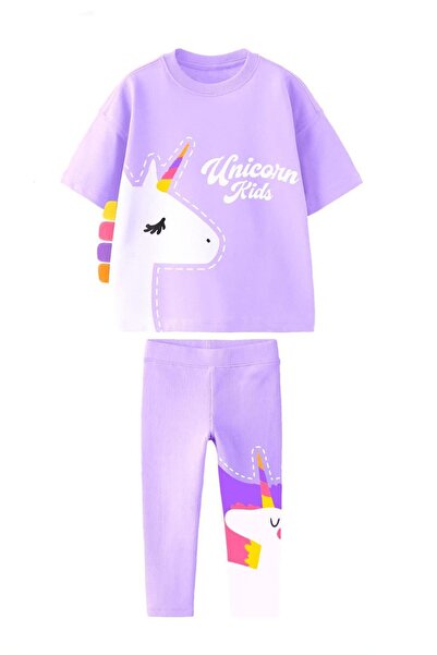 Monila Kız Çocuk Unicorn Baskılı  Penye Taytlı Pamuklu Altüst Takım