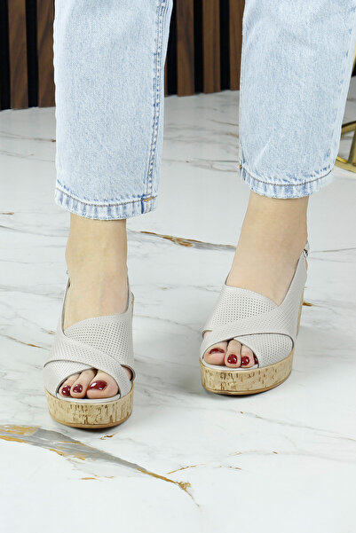 Erkan Saçmacı Serie Mink Genuine Calfskin Hole Detailed Cork Sole Look Wedge Heeled Slingback Sandals