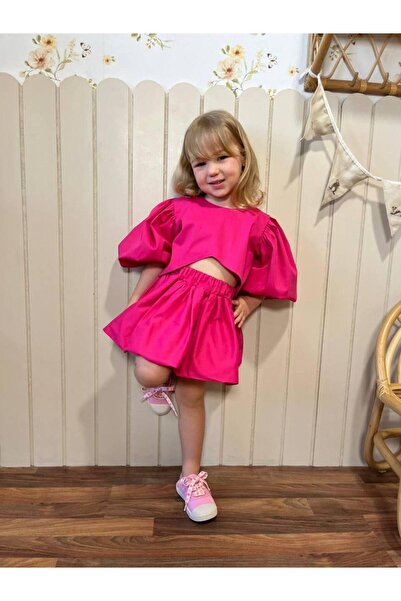 Monila Kız Çocuk Pamuklu Poplin Kumaş Balon Kol Crop Etekli Takım