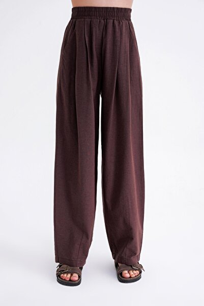 Mixray 4682 Women's Elastic Waist Jogger Loose Linen Trousers Brown