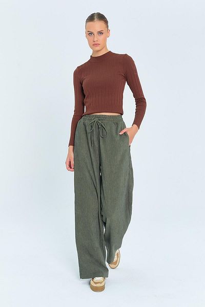 Mixray 4604 Women's Elastic Waist Velvet Loose Trousers Khaki