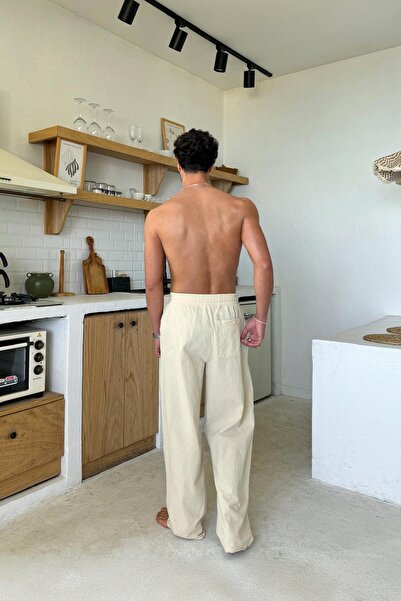 Flaw Wear Bel Lastikli Rahat Kesim Bej Keten Pantolon