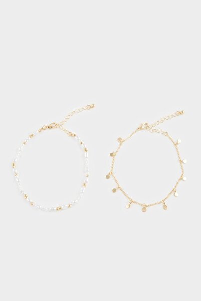 DeFacto Women's 2-Piece Pearl Gold Anklet F6910Axns