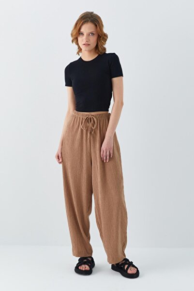 Mixray 4584 Kadın Beli Lastikli Örme Şalvar Pantolon Vizon