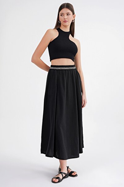 Mixray Women's Elastic Waist Lace Striped Linen Skirt - Black