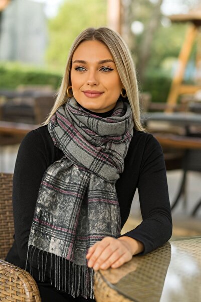 Axesoire 15222 Ekose Desenli Gri Püsküllü Kalın Şal