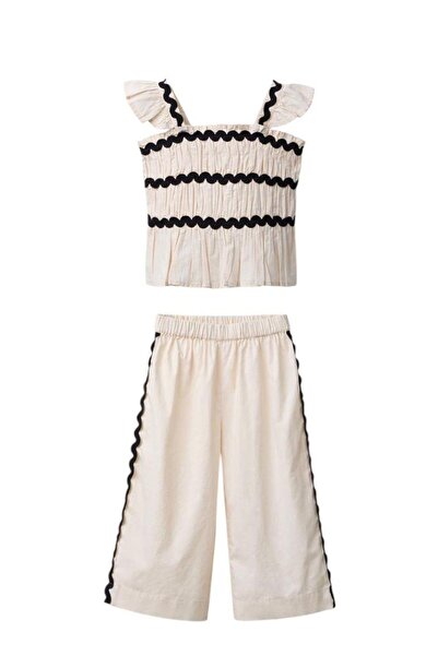 Monila Kız Çocuk Keten Kumaş Fisto Şeritli Bluz ve Pantolon Alt Üst Takım