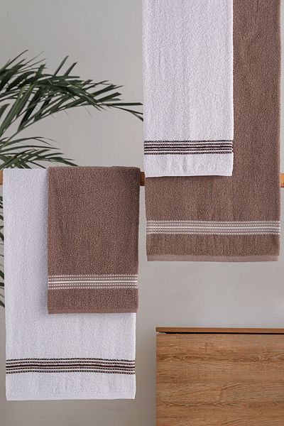 MODALİN Bath Towel Set 4 Pieces Brown-White Elvin – Soft Texture, Quick Drying (70X140 X2 /50X90Cm X2 cm)