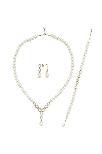 Birinci1926 14 Ayar Altın 8 Mm Sonsuzluk Taşlı Doğal Incili Küpe Kolye Bilekl...