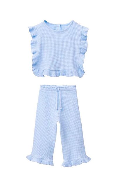 Monila Girl's Waffle Fabric Blouse and Pants Bottom Top Set