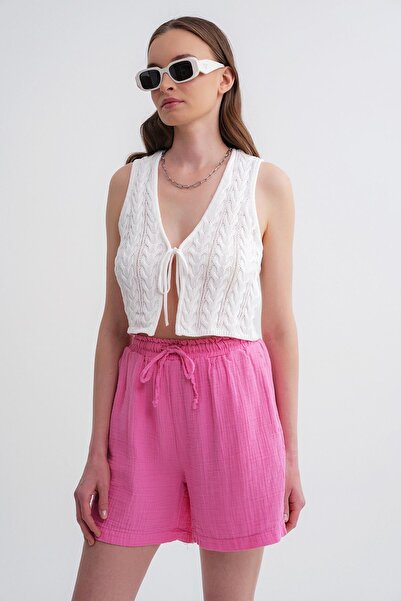 Mixray Pink Elastic Waist Branch 4548 Model Women's Shorts